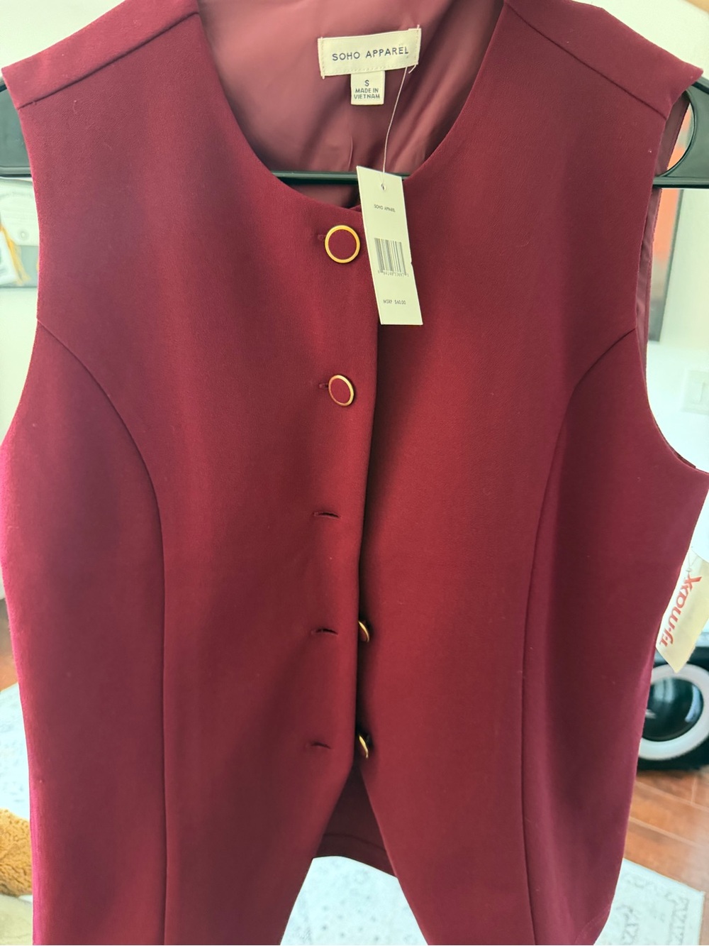 Soho Apparel Wine Red Vest with Gold Trim Buttons